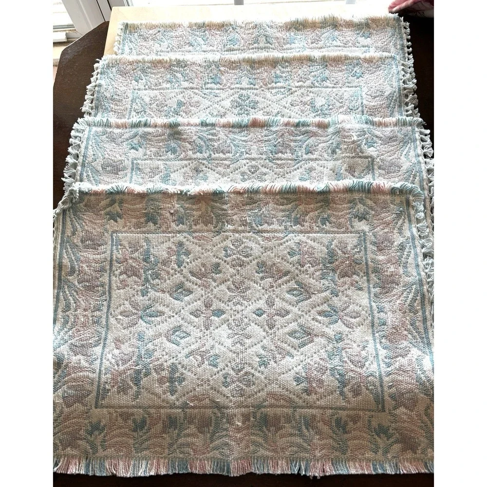 Vtg 1990s Place Mat Set of 4 NWT 100% Cotton Dhurrie Tapestry Pink Blue Cottage